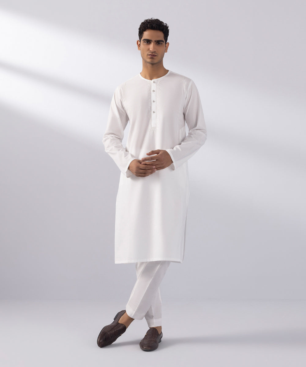 Men's Stitched Summer Cotton Embroidered White Straight Hem Kurta