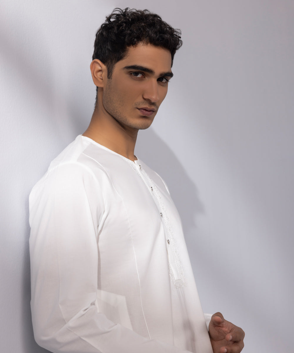 Men's Stitched Summer Cotton Embroidered White Straight Hem Kurta