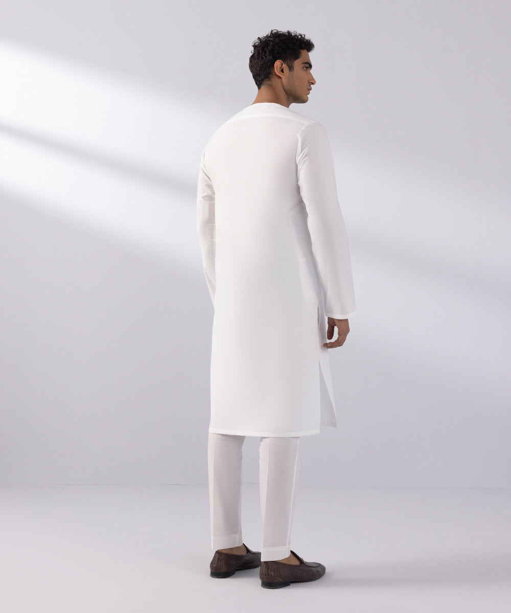 Men's Stitched Summer Cotton Embroidered White Straight Hem Kurta