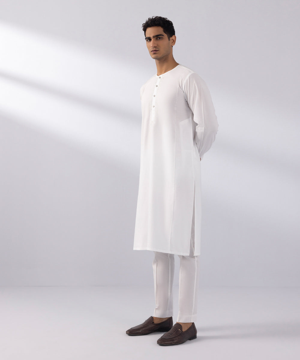 Men's Stitched Summer Cotton Embroidered White Straight Hem Kurta