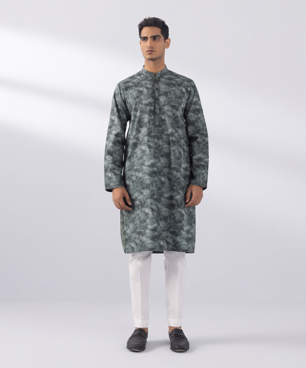 Men's Stitched Digital Printed Cotton Grey Straight Hem Kurta