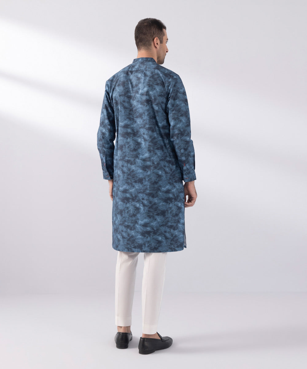 Men's Stitched Digital Printed Cotton Blue Straight Hem Kurta