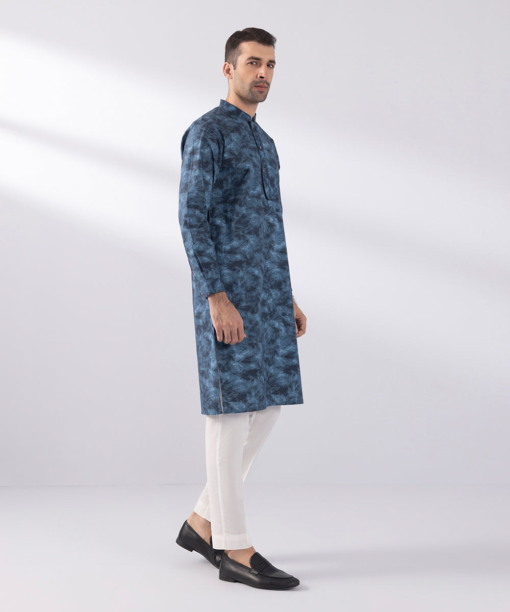 Men's Stitched Digital Printed Cotton Blue Straight Hem Kurta