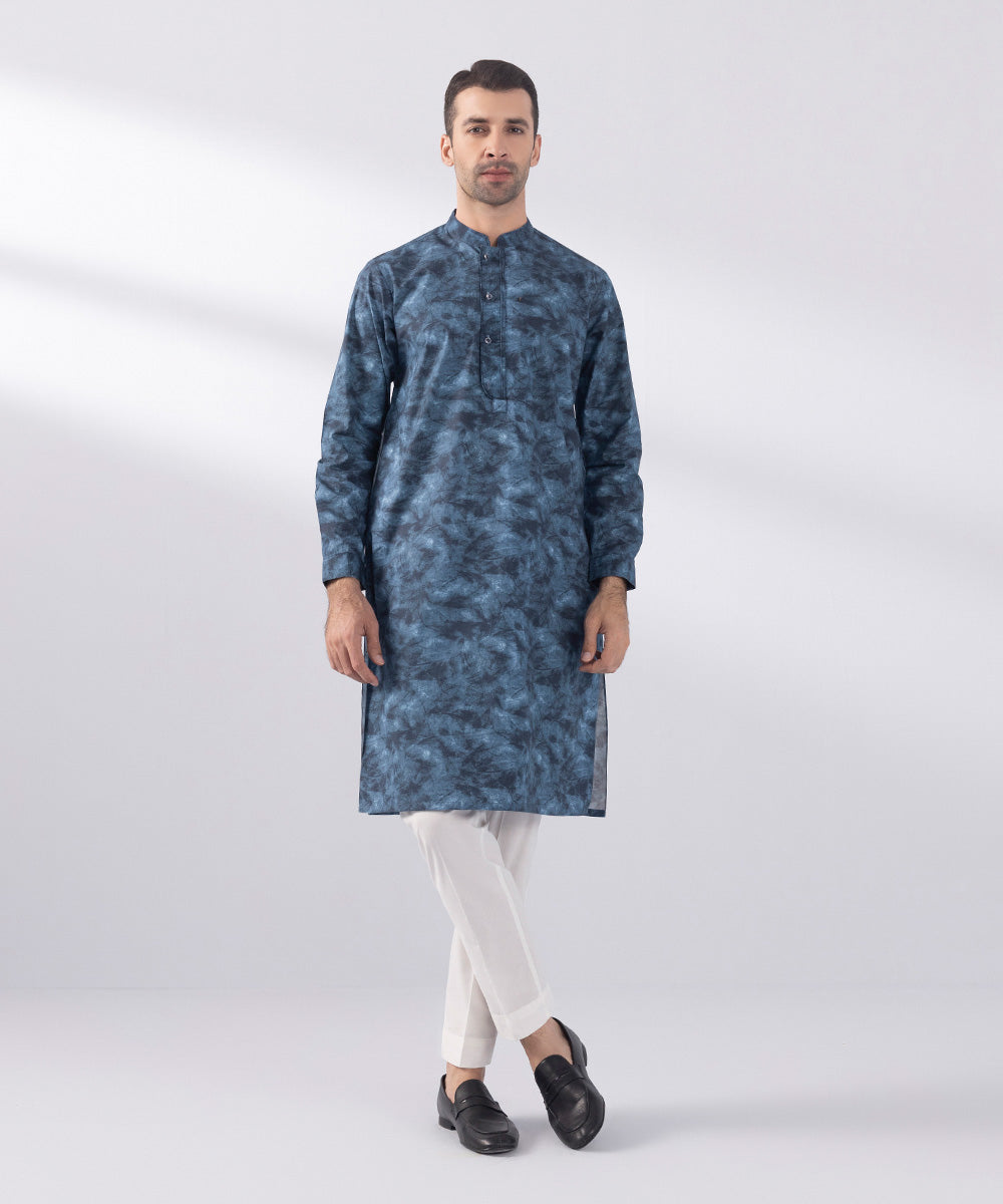 Men's Stitched Digital Printed Cotton Blue Straight Hem Kurta