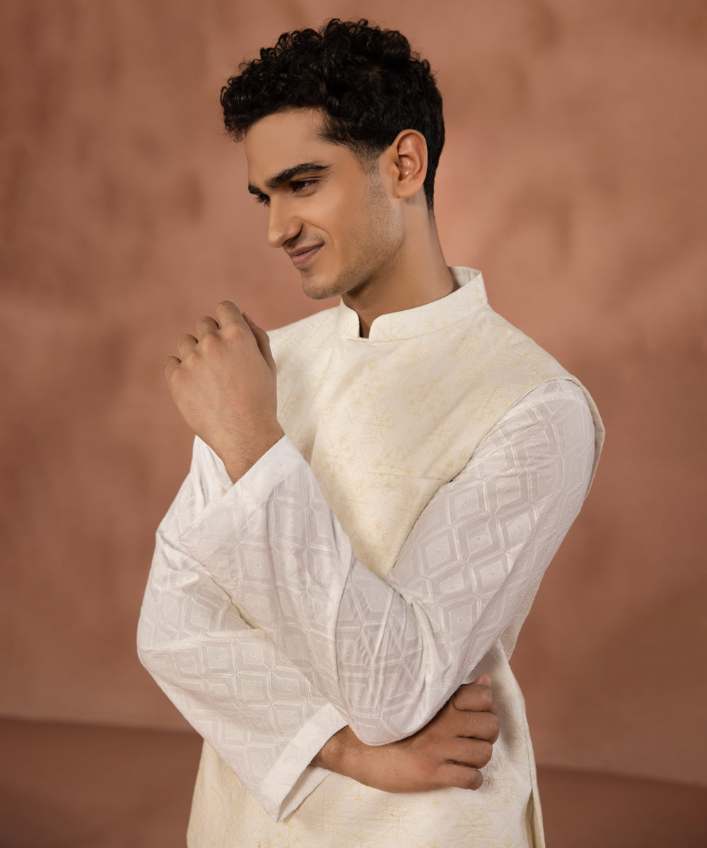 Men's Eid Stitched Cotton Schiffli Embroidered Cream Round Hem Waistcoat