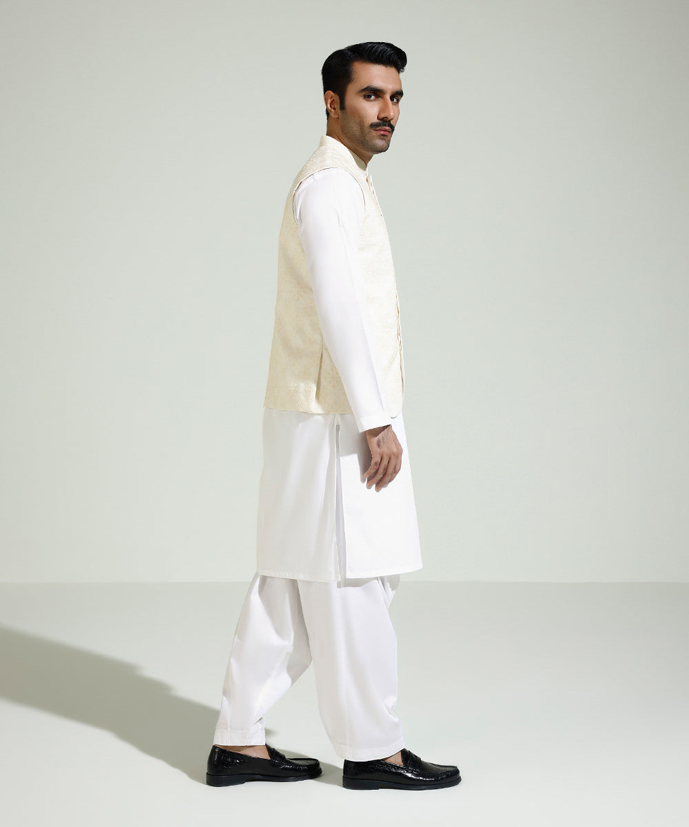 Men's Eid Stitched Cotton Schiffli Embroidered Cream Round Hem Waistcoat