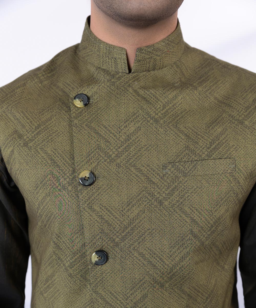 Men's Stitched Olive Digital Print Waistcoat