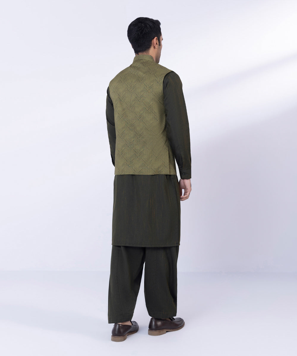 Men's Stitched Olive Digital Print Waistcoat