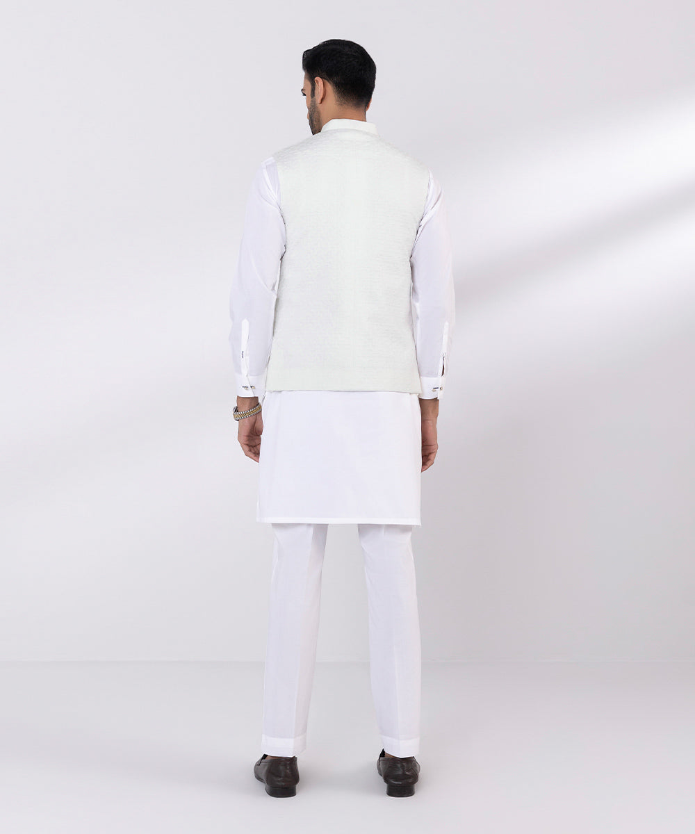 Men's Stitched Embroidered Schiffli White Round Hem Waistcoat