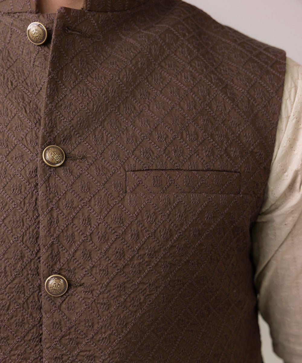 Men's Stitched Embroidered Schiffli Dark Brown Round Hem Waistcoat