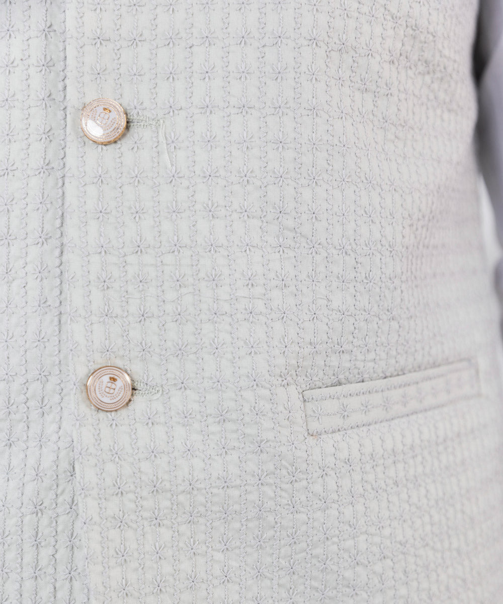 Men's Stitched Embroidered Schiffli Ash Grey Round Hem Waistcoat