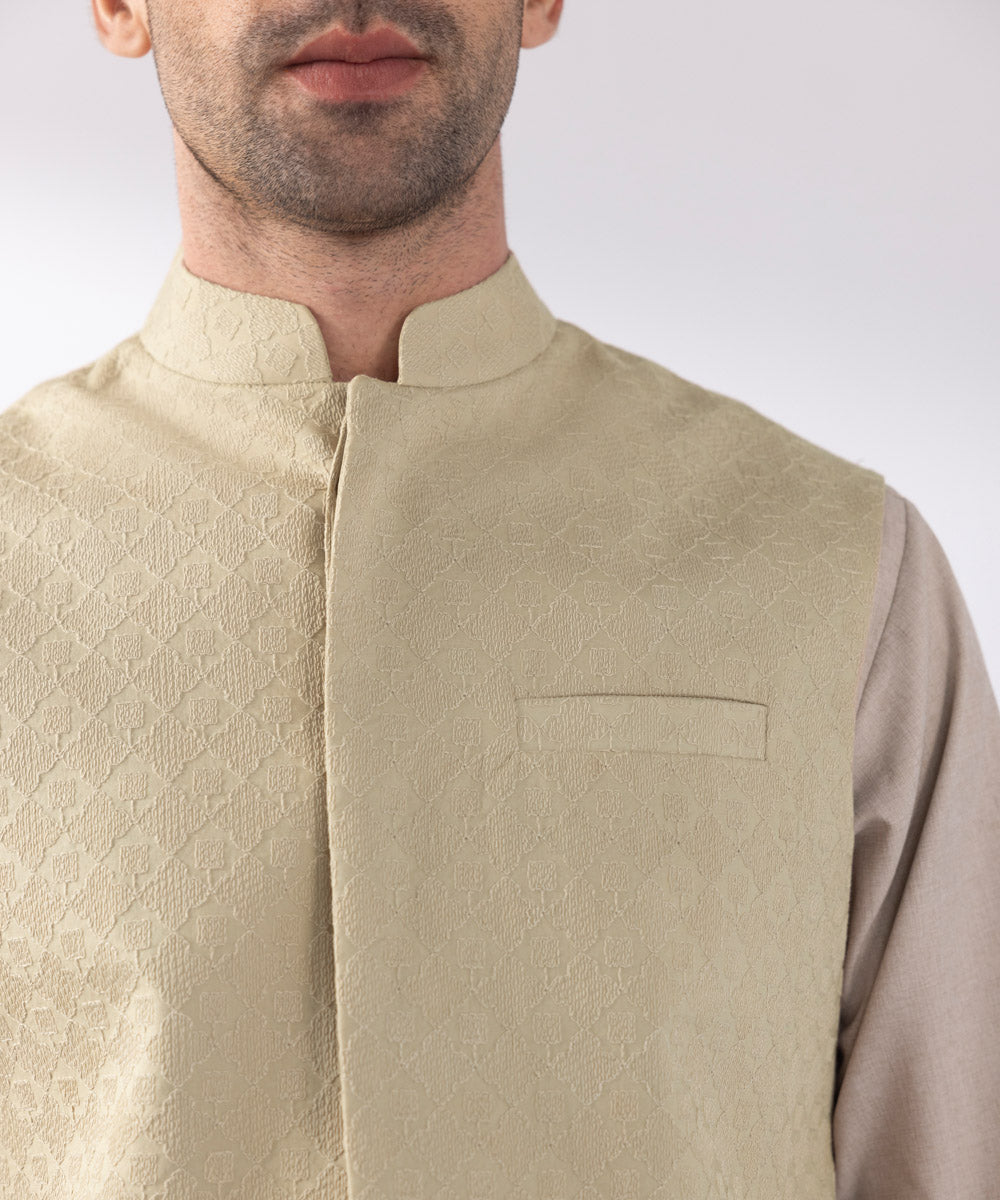 Men's Stitched Embroidered Beige Waistcoat