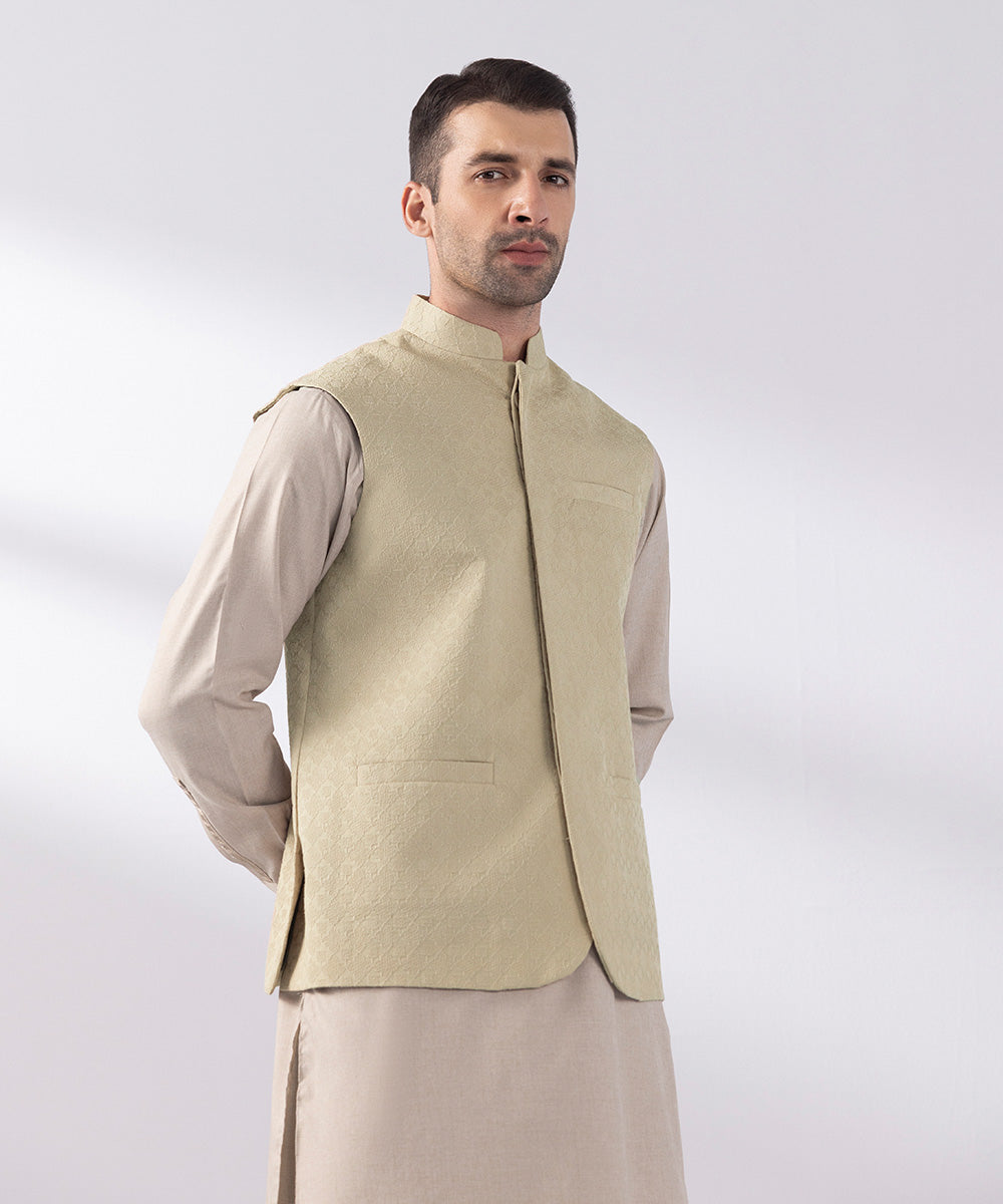 Men's Stitched Embroidered Beige Waistcoat