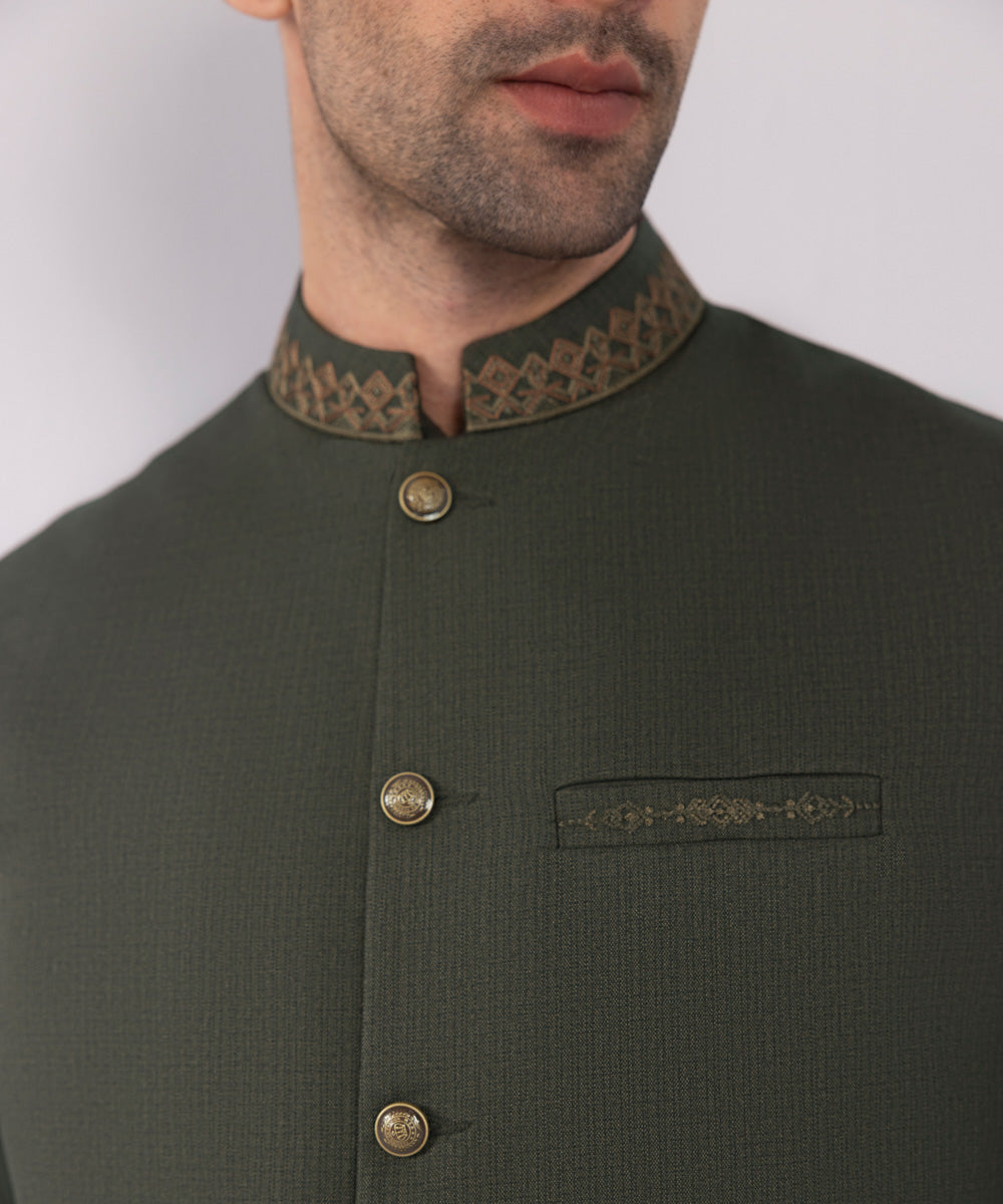 Men's Stitched Embroidered Olive Waistcoat