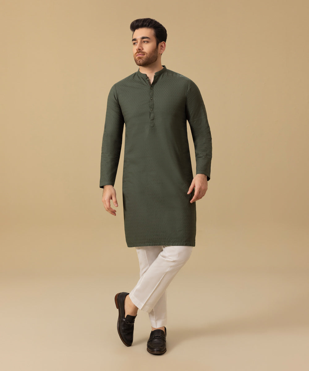 Men's Stitched Winter Cotton Jacquard Green Straight Hem Kurta