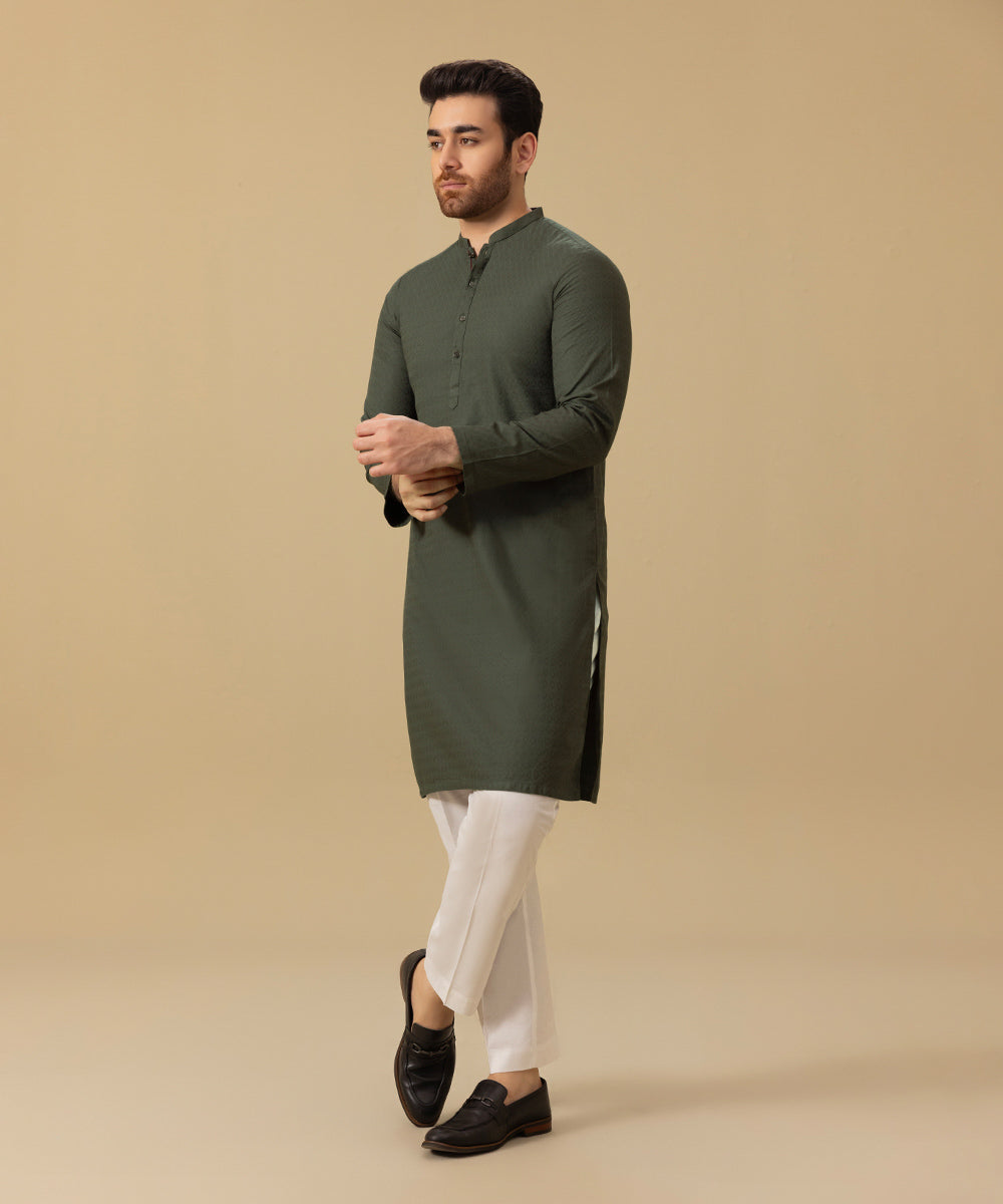 Men's Stitched Winter Cotton Jacquard Green Straight Hem Kurta