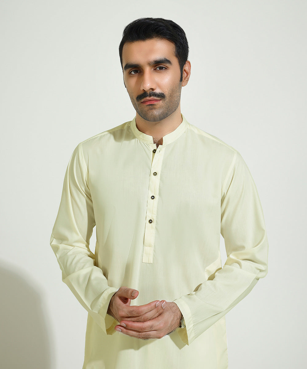 Men's Eid Stitched Summer Wash & Wear Embroidered Cream Straight Hem Kurta