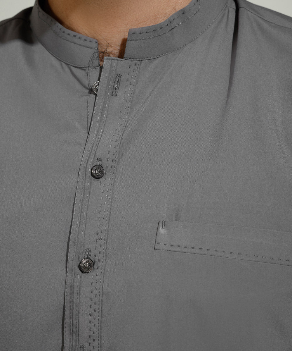 Men's Eid Stitched Summer Wash & Wear Embroidered Grey Straight Hem Kurta
