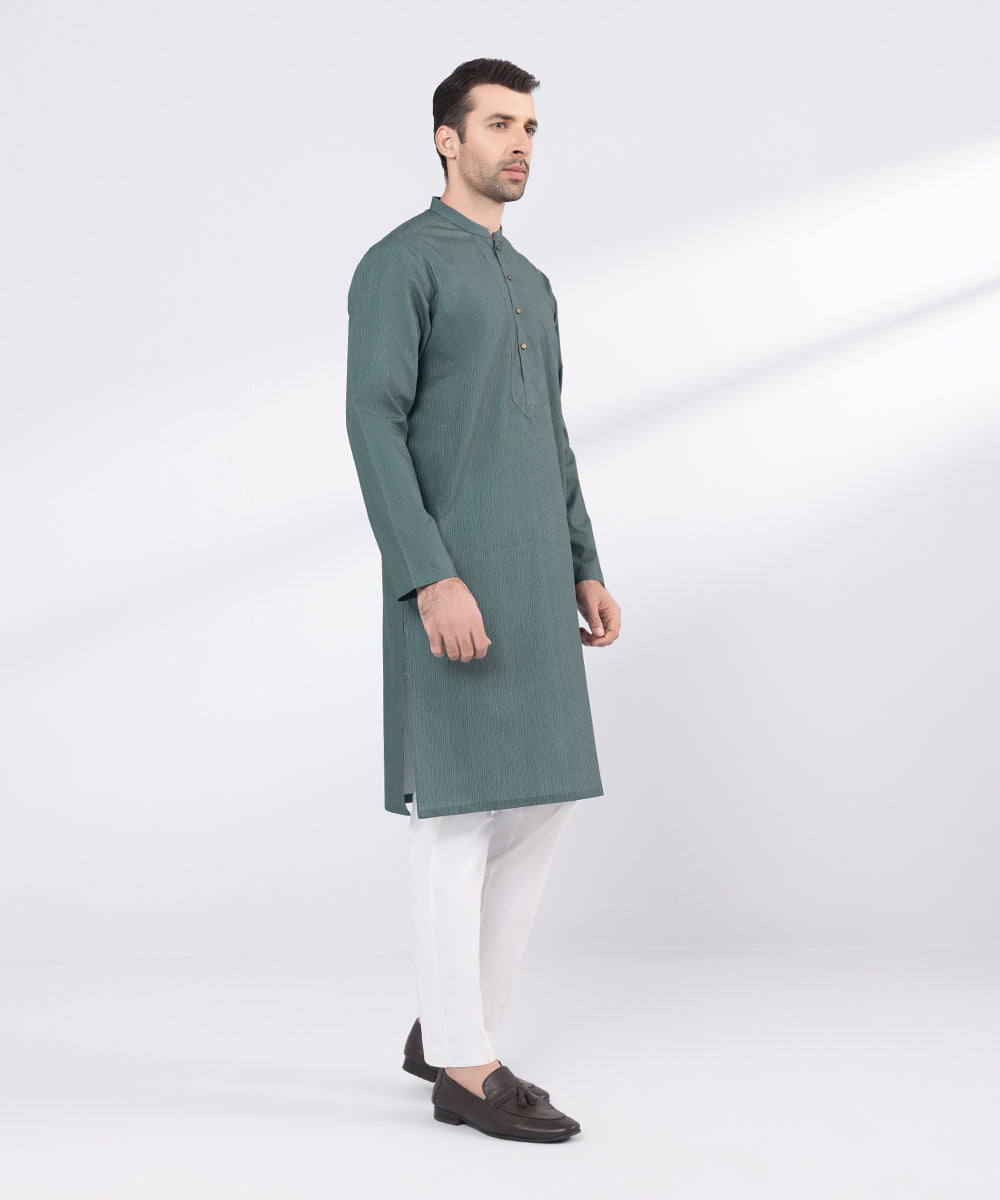 Men's Stitched Dark Green Cotton Kurta