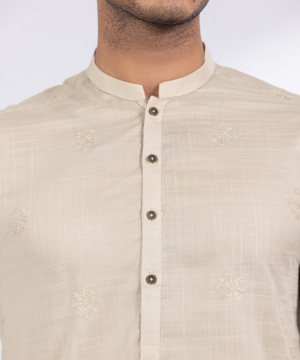 Men's Stitched Beige Cotton Kurta