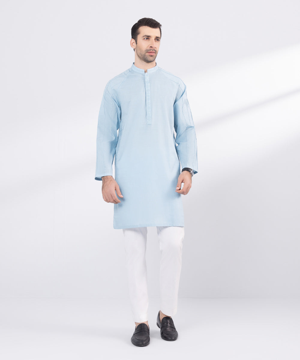 Men's Stitched Blue Cotton Kurta