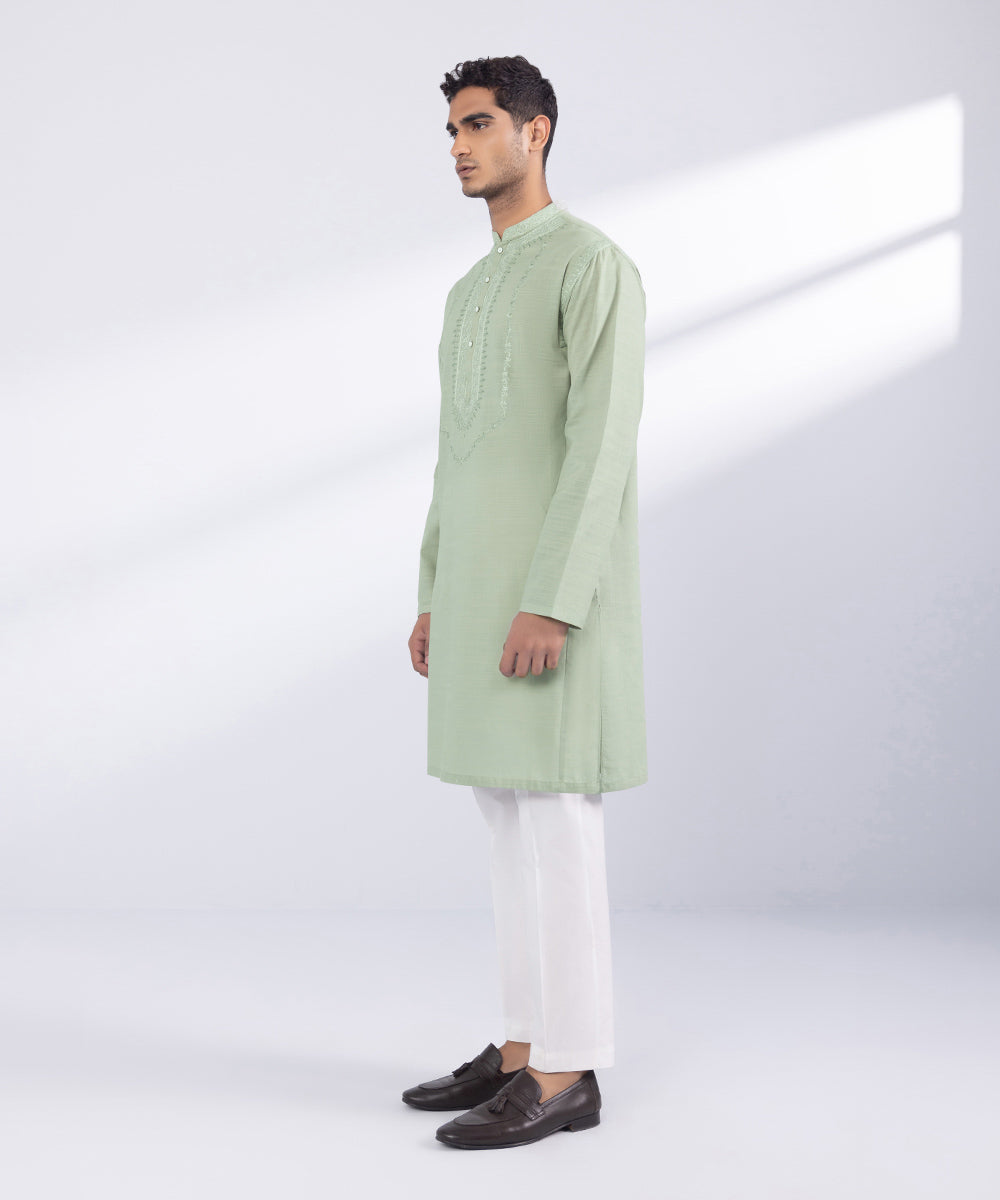 Men's Stitched Green Cotton Kurta