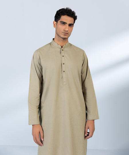 Men's Stitched Cotton Jacquard Beige Straight Hem Kurta