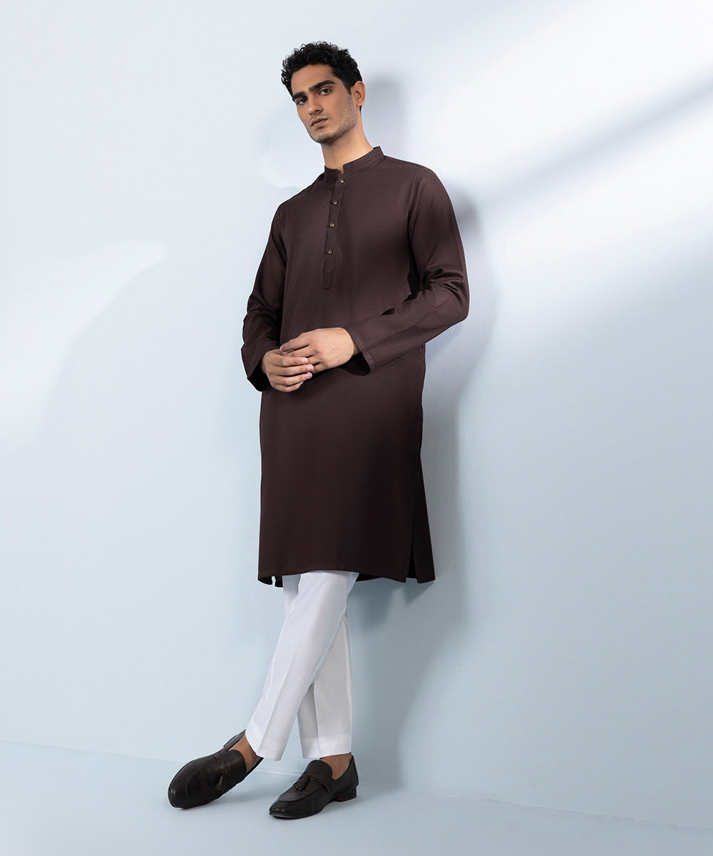 Men's Stitched Cotton Dobby Red Straight Hem Kurta