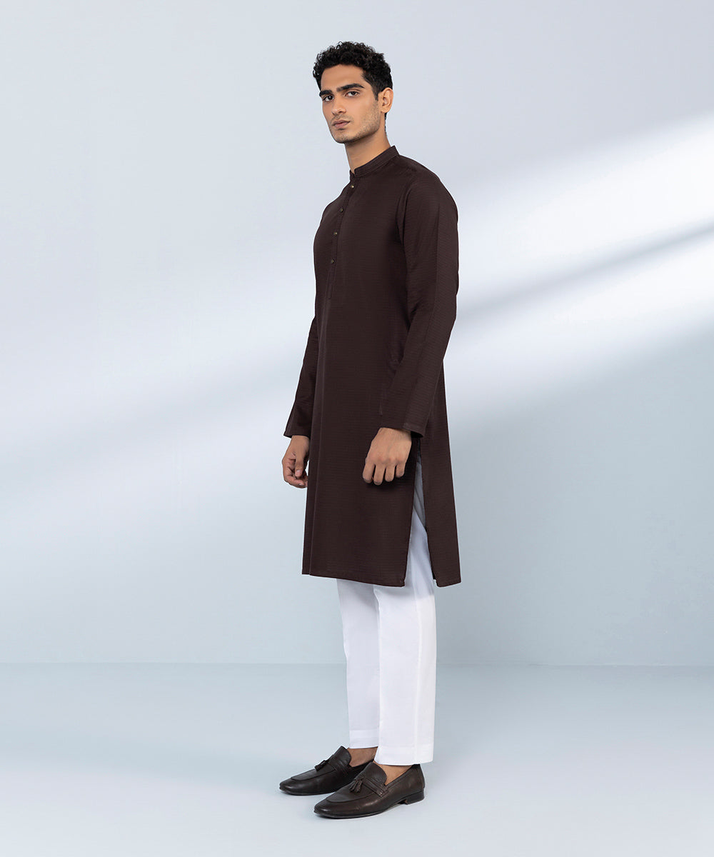 Men's Stitched Cotton Dobby Red Straight Hem Kurta