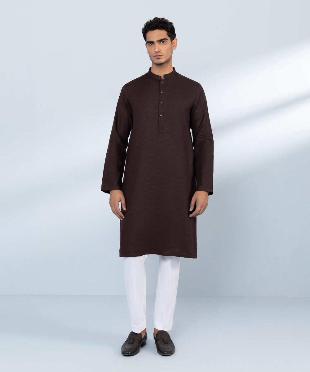 Men's Stitched Cotton Dobby Red Straight Hem Kurta