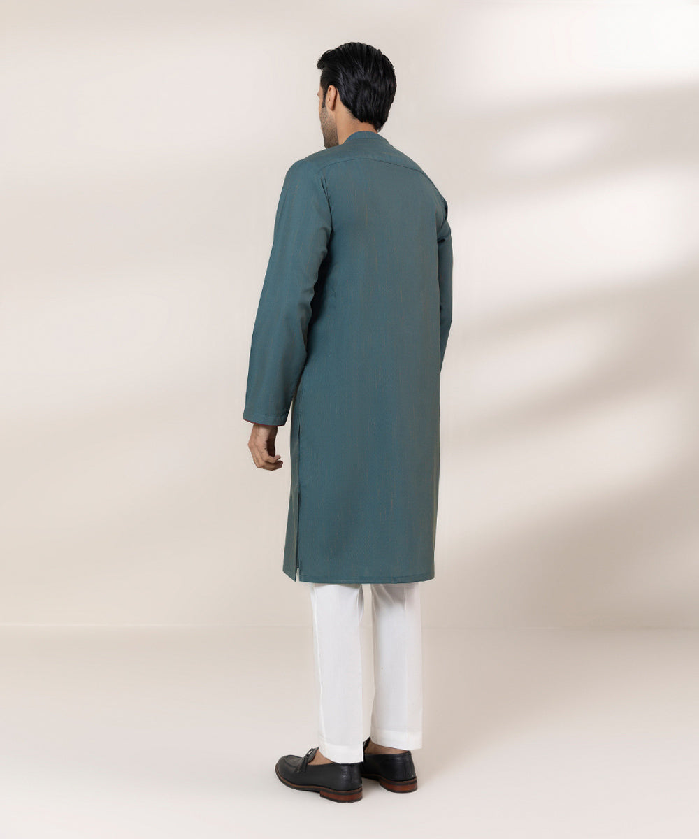 Men's Stitched Blended Fancy Plain Green Straight Hem Kurta