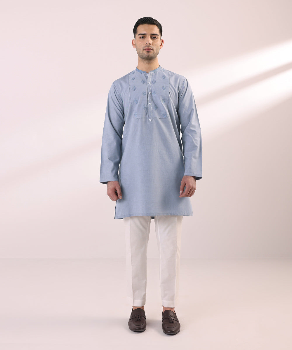 Men's Stitched Embroidered Fancy Wash & Wear Blue Straight Hem Kurta