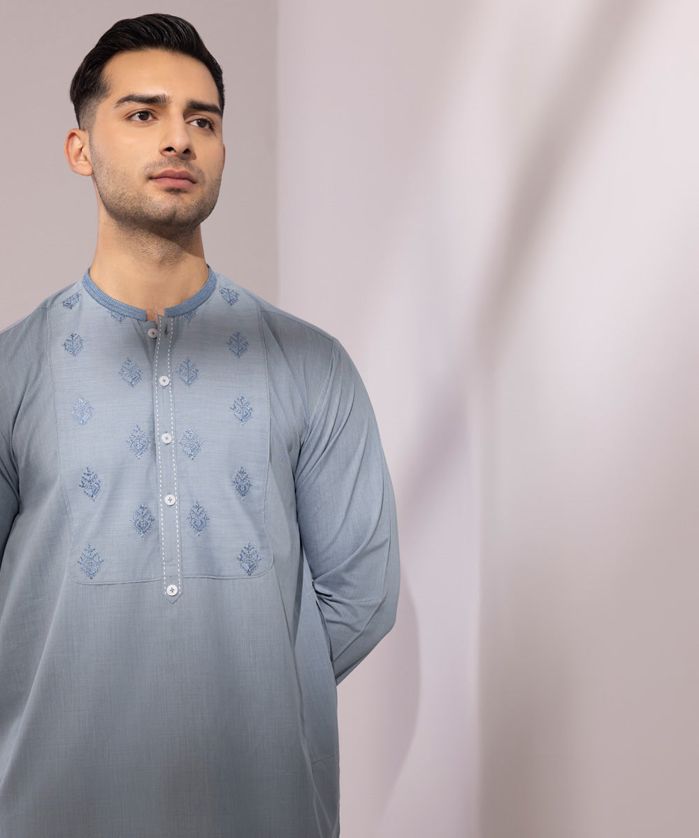 Men's Stitched Embroidered Fancy Wash & Wear Blue Straight Hem Kurta