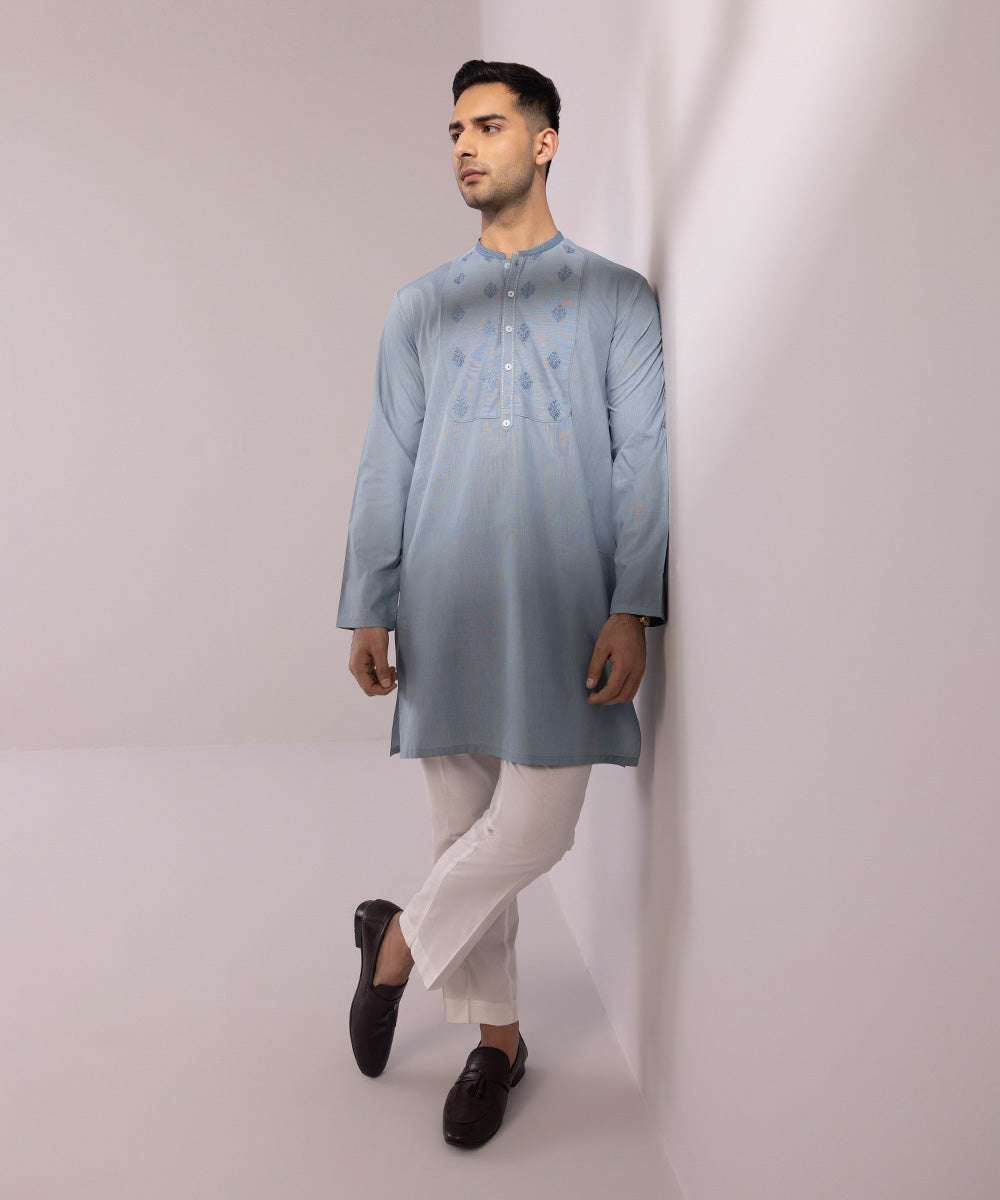 Men's Stitched Embroidered Fancy Wash & Wear Blue Straight Hem Kurta