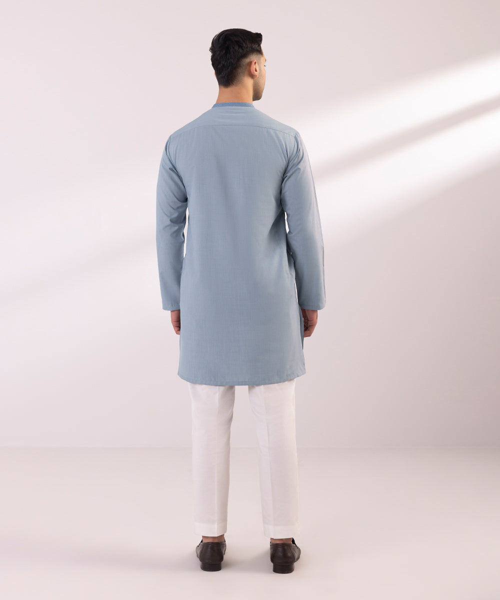 Men's Stitched Embroidered Fancy Wash & Wear Blue Straight Hem Kurta