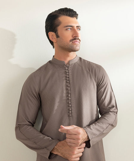 Men's Stitched Jacquard Wash & Wear Mauve Straight Hem Kurta