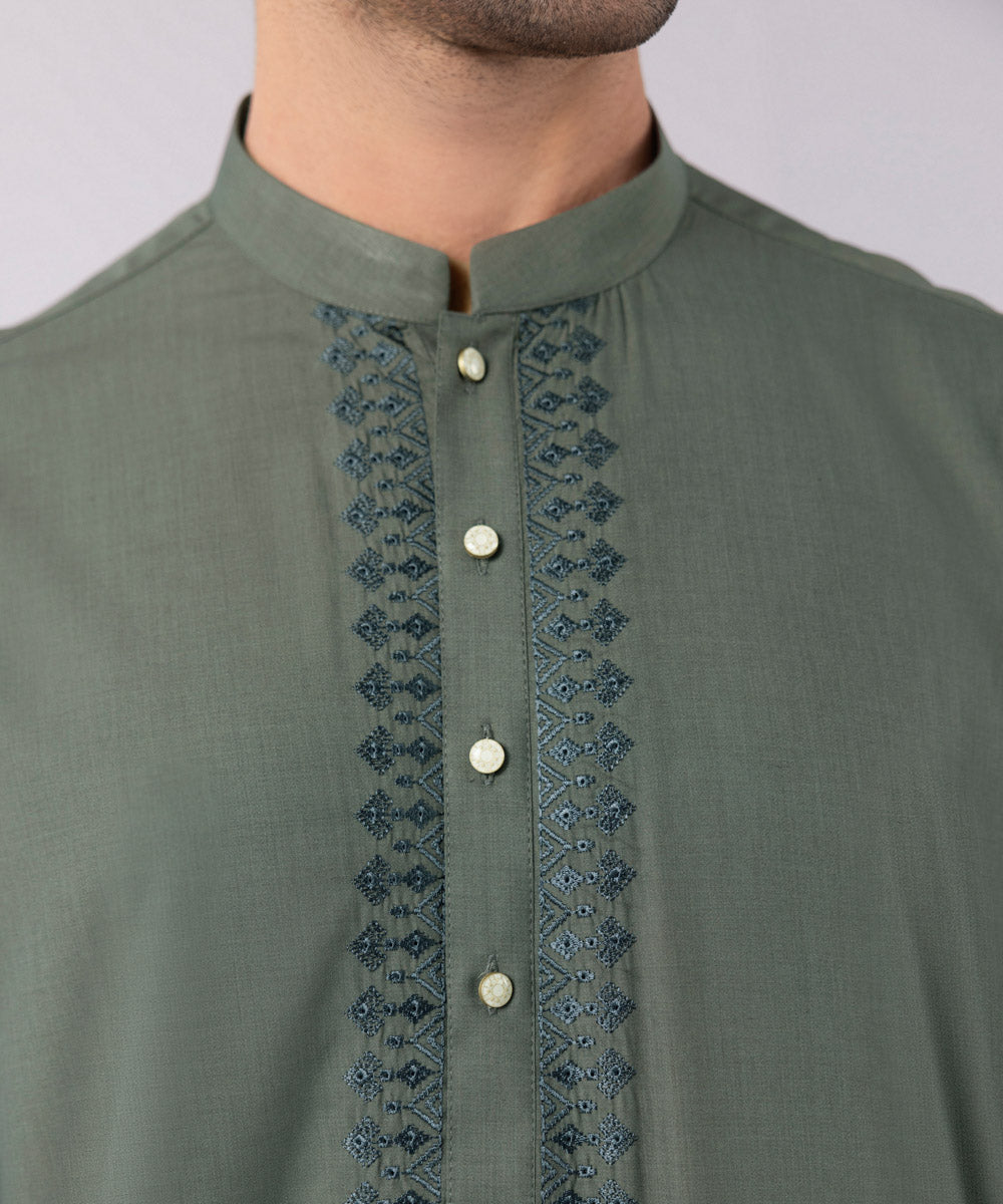 Men's Stitched Wash & Wear Embroidered Grey Straight Hem Kurta