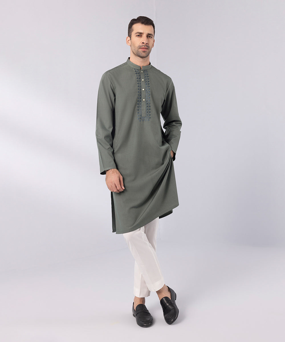 Men's Stitched Wash & Wear Embroidered Grey Straight Hem Kurta