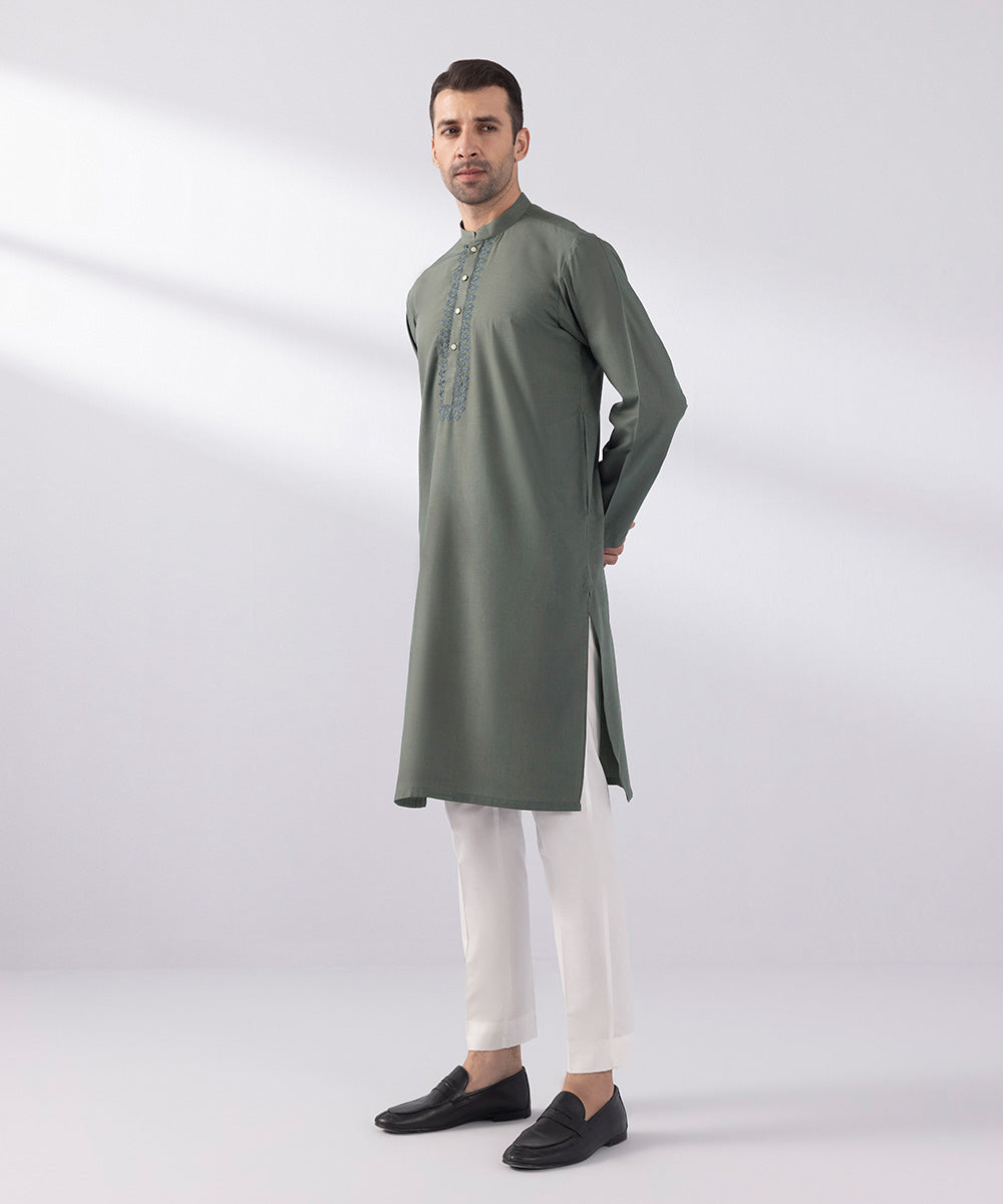 Men's Stitched Wash & Wear Embroidered Grey Straight Hem Kurta