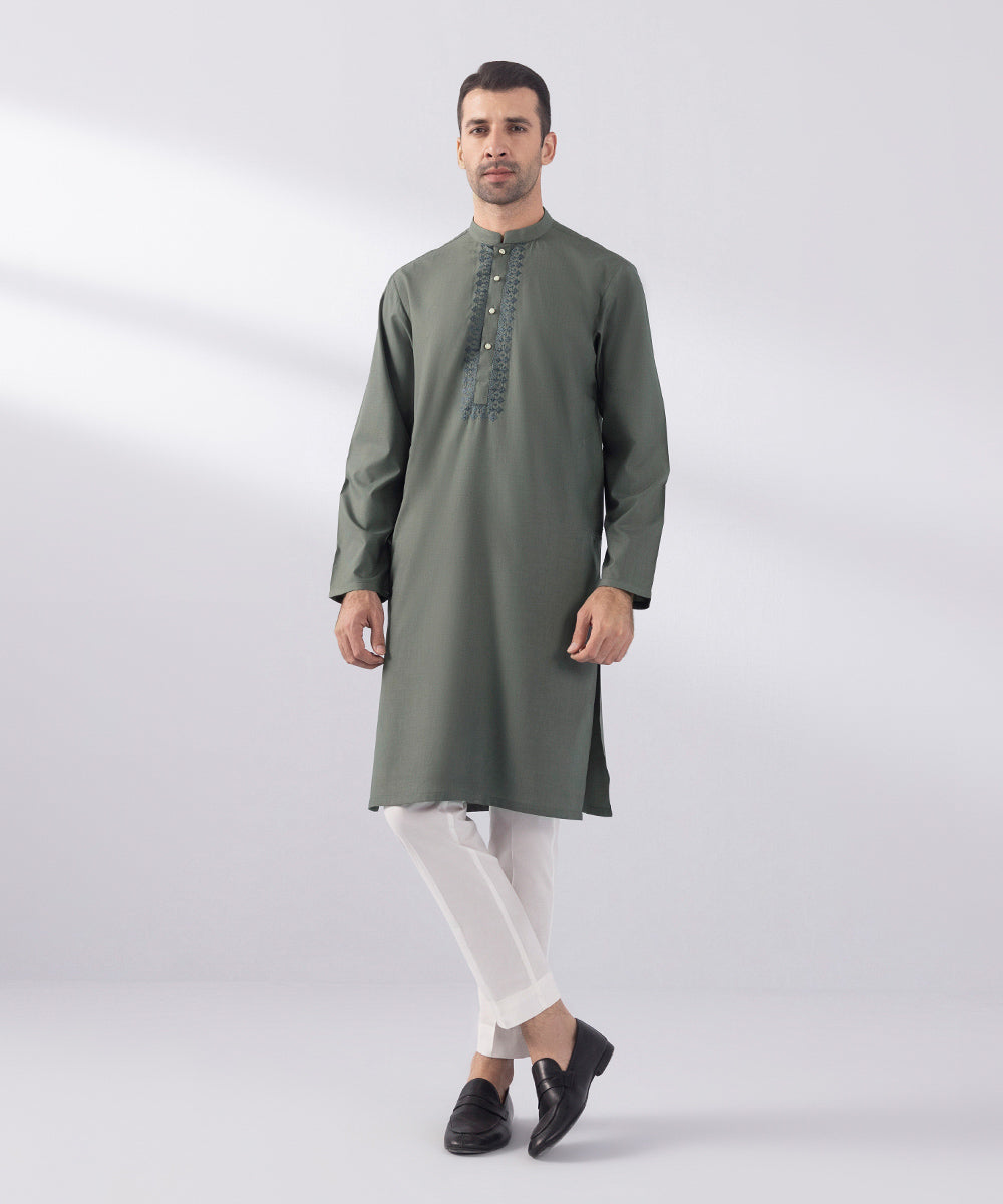 Men's Stitched Wash & Wear Embroidered Grey Straight Hem Kurta