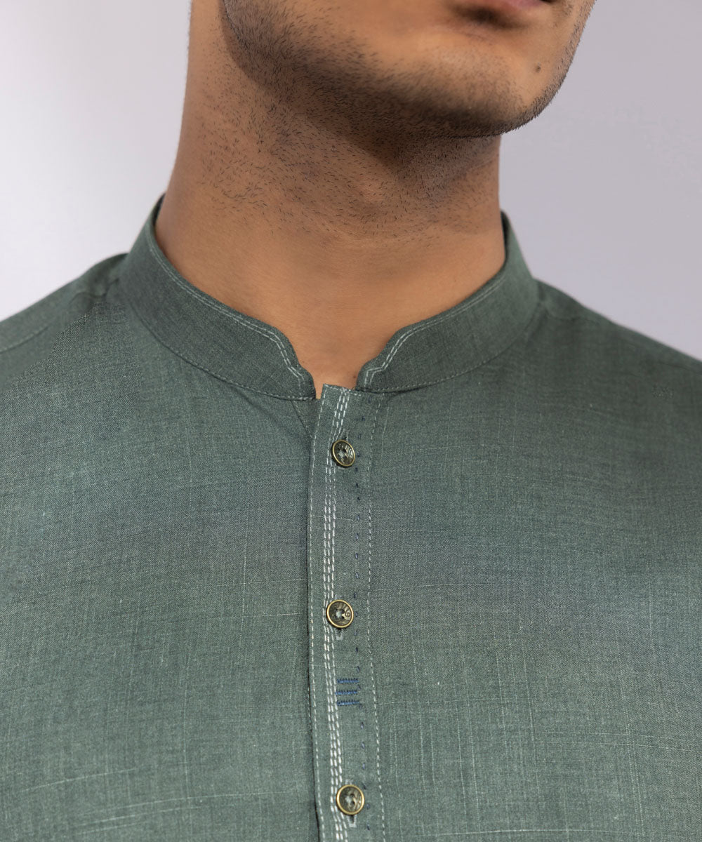 Men's Stitched Wash & Wear Moss Green Straight Hem Kurta