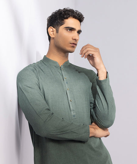 Men's Stitched Wash & Wear Moss Green Straight Hem Kurta