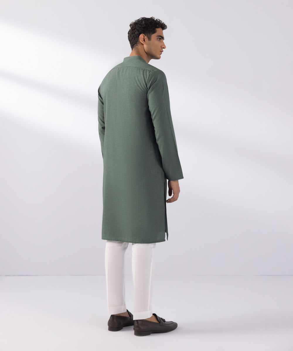 Men's Stitched Wash & Wear Moss Green Straight Hem Kurta