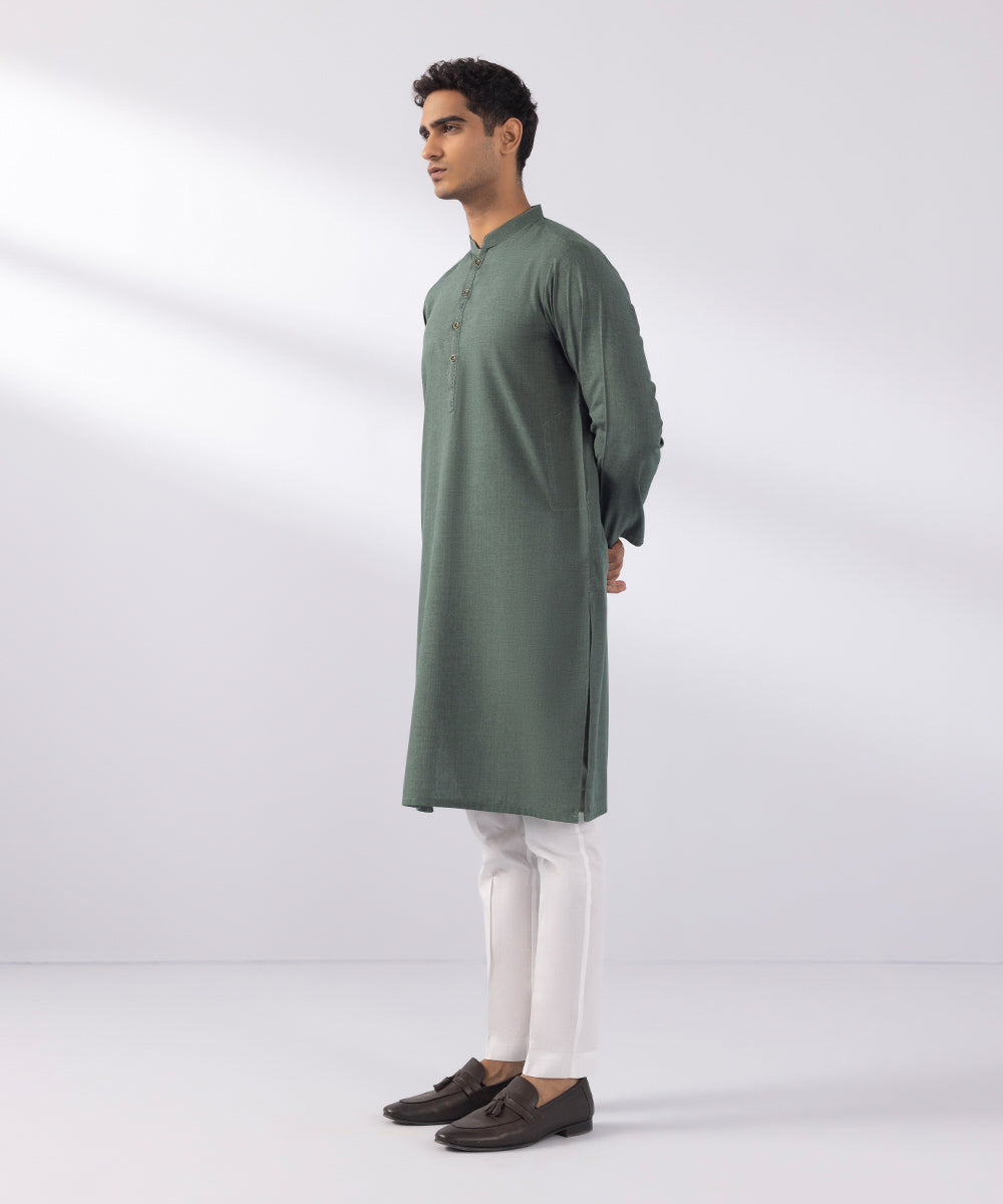 Men's Stitched Wash & Wear Moss Green Straight Hem Kurta