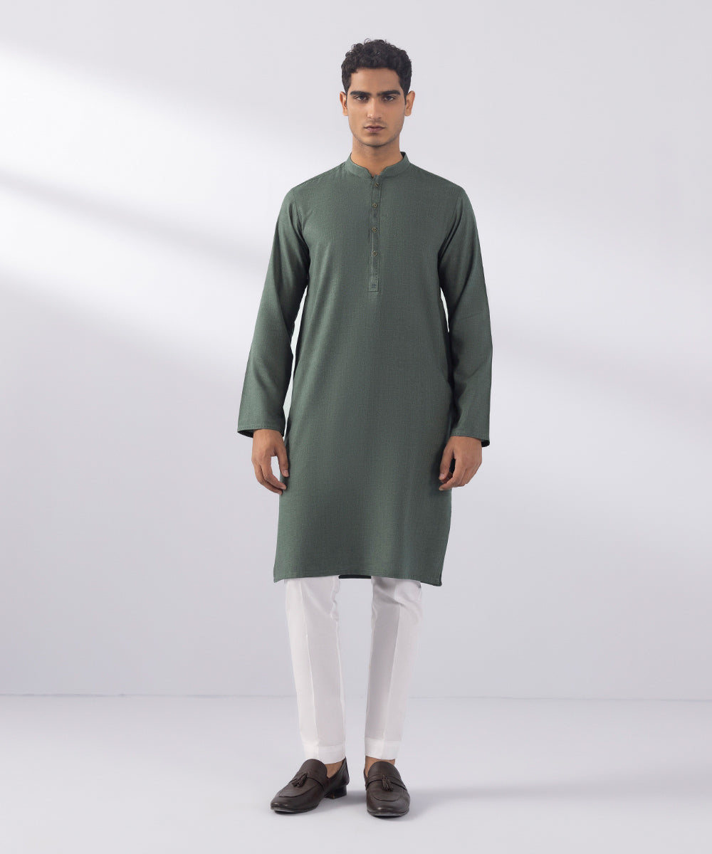 Men's Stitched Wash & Wear Moss Green Straight Hem Kurta