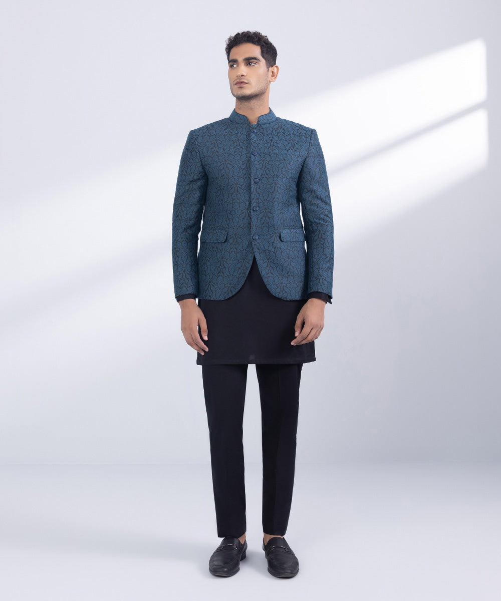 Men's Stitched Blue Jamawar Karandi Prince Coat