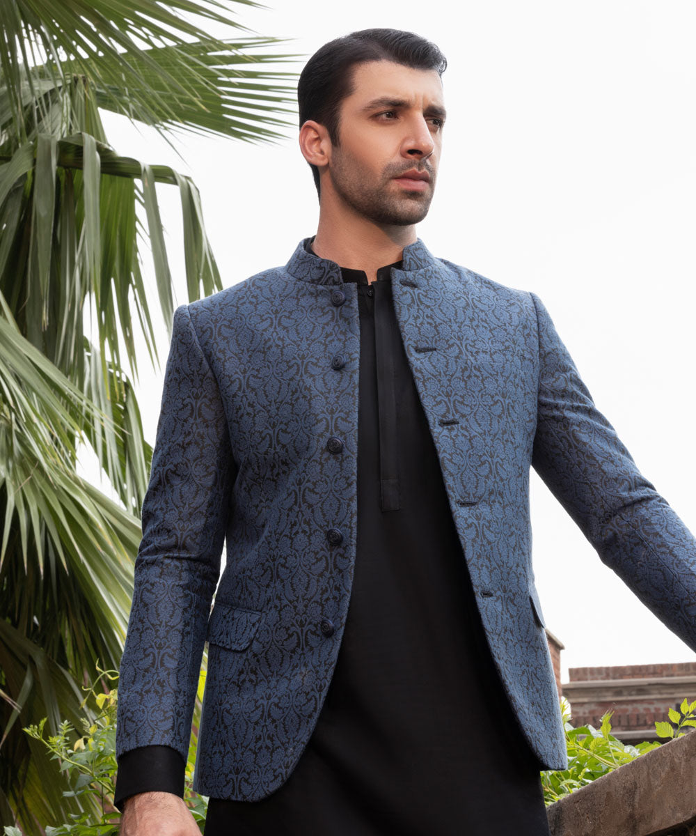 Men's Stitched Blue Jamawar Karandi Prince Coat