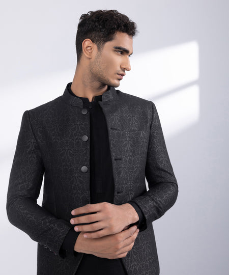 Men's Stitched Black Jamawar Karandi Prince Coat