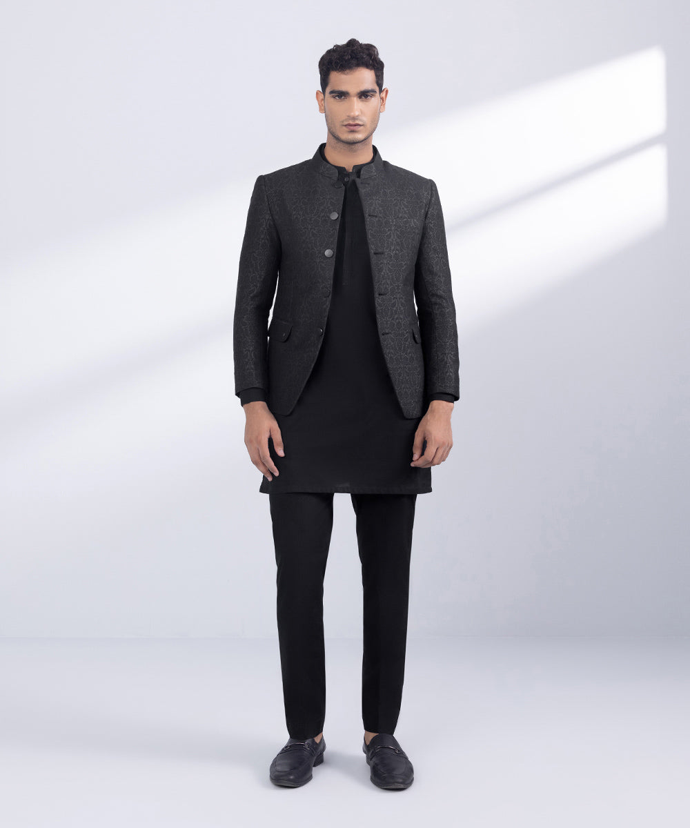 Men's Stitched Black Jamawar Karandi Prince Coat