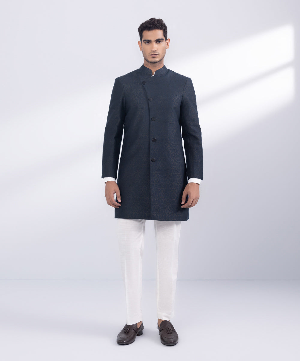 Men's Stitched Indigo Jamawar Karandi Sherwani